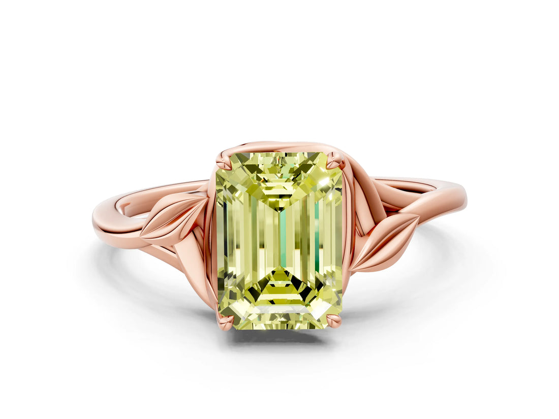 Rose gold Fancy Yellow Emerald Cut Diamond Solitaire Ring with Twist Band and Four-Prong Setting_57