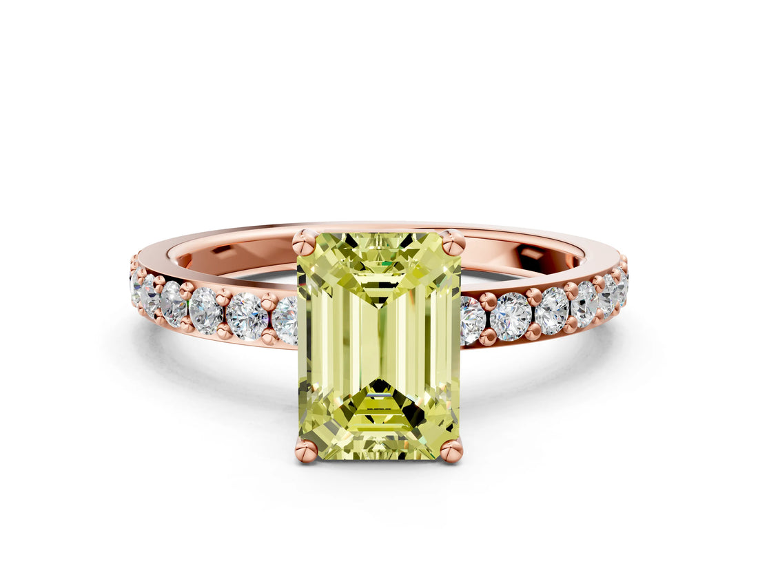 Rose gold Fancy Yellow Emerald  Cut Diamond Solitaire with Pave Band and Four-Prong Setting 1