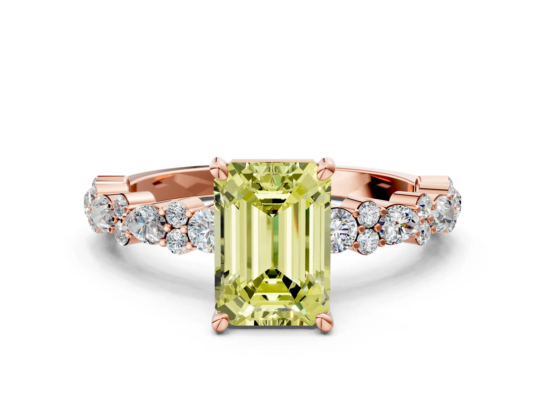 Rose gold Fancy Yellow Emerald Cut Diamond Solitaire with Side Stones, Pave Band, Four-Prong Setting_79