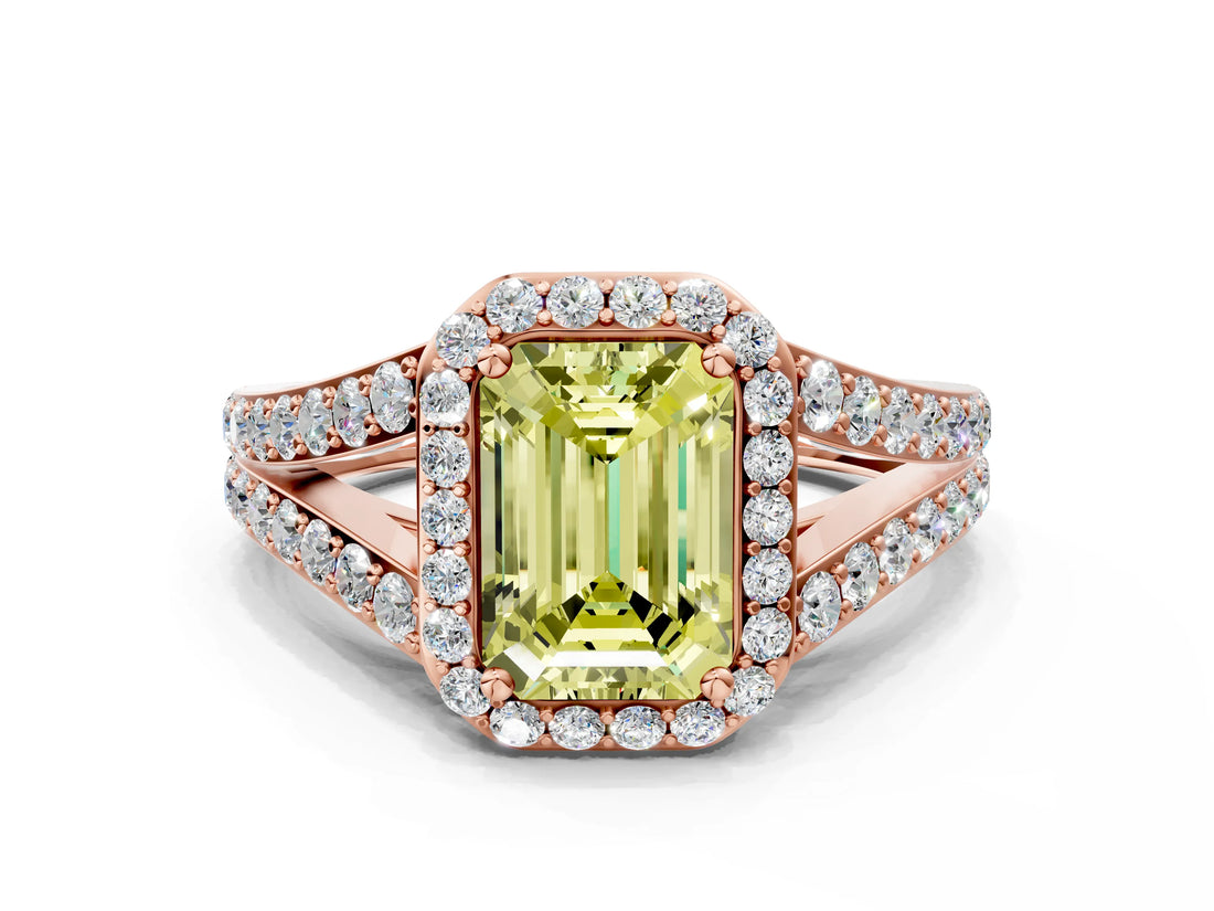 Rose gold Fancy Yellow Emerald Cut Diamond Split Shank Halo Ring with Four-Prong Setting_58