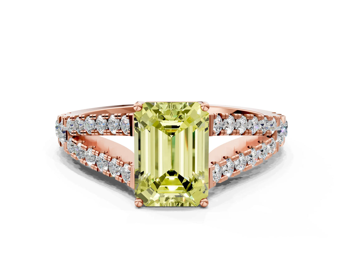 Rose gold Fancy Yellow Emerald Cut Diamond Split Shank Pavé Engagement Ring with Four-Prong Setting_80