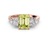Rose gold Fancy Yellow Emerald Cut Diamond Three-Stone Engagement Ring with Prong Setting and Pavé Band