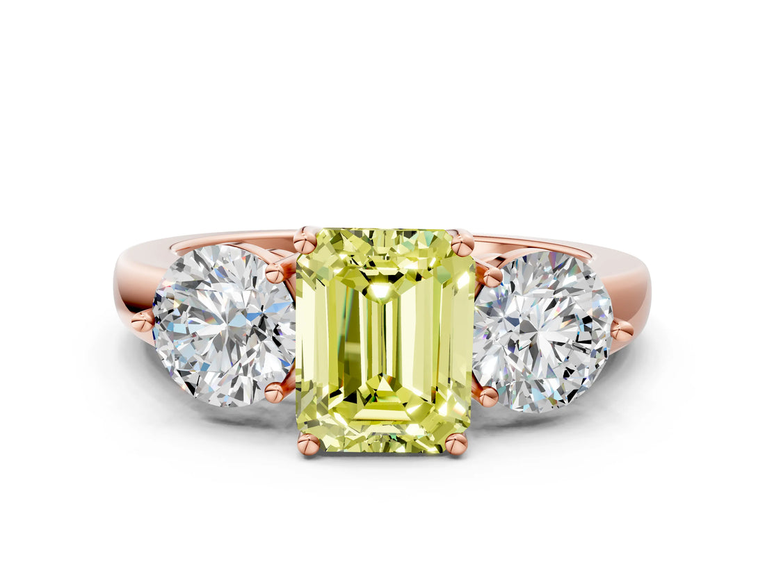 Rose gold Fancy Yellow Emerald Cut Diamond Three-Stone Ring with Prong Setting and Classic Band_111