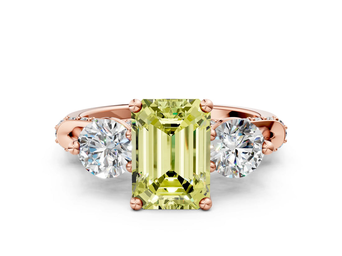 Rose gold Fancy Yellow Emerald Cut Diamond Three-Stone Ring with Prong Setting and Pavé Band