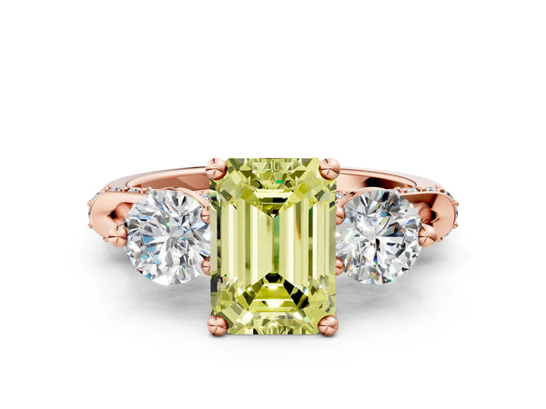 Rose Gold Emerald Cut Curved Pave Three Stone Engagement Ring Setting for Fancy Yellow Center