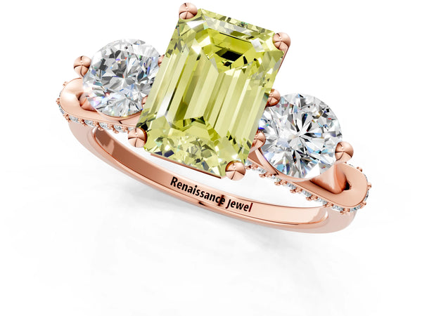 Rose Gold Emerald Cut Curved Pave Three Stone Engagement Ring Setting for Fancy Yellow Center