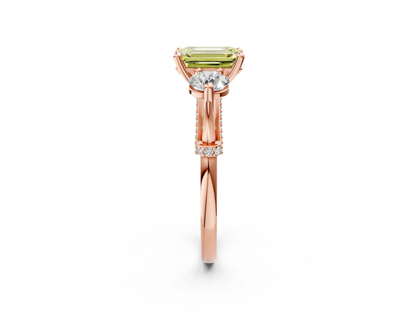 Rose Gold Emerald Cut Curved Pave Three Stone Engagement Ring Setting for Fancy Yellow Center