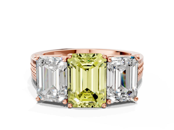 Rose gold Fancy Yellow Emerald Cut Diamond Three-Stone Ring with Prong Setting and Textured Band