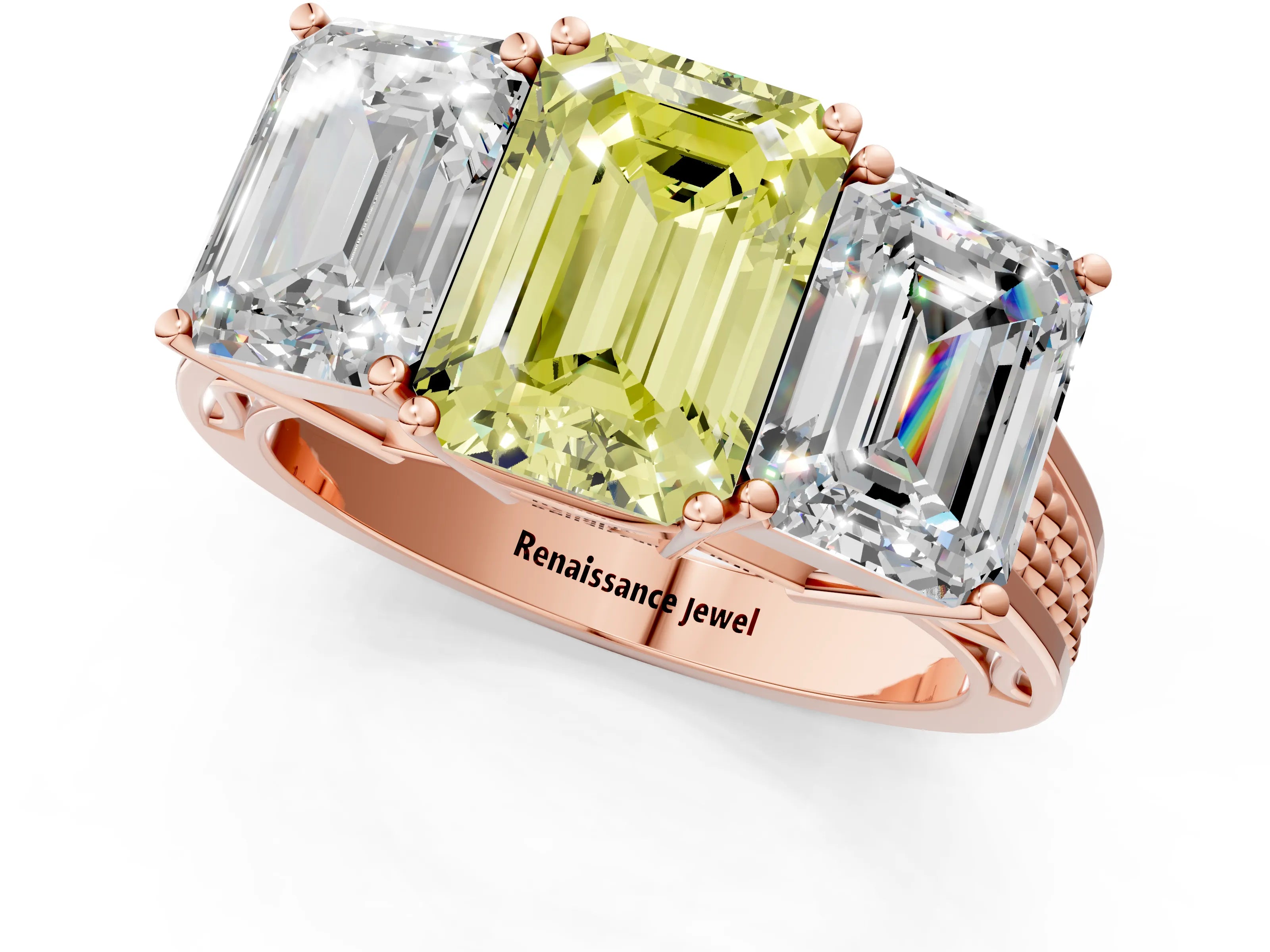 Rose gold Fancy Yellow Emerald Cut Diamond Three-Stone Ring with Prong Setting and Textured Band_1