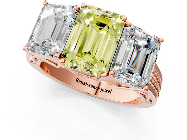 Rose gold Fancy Yellow Emerald Cut Diamond Three-Stone Ring with Prong Setting and Textured Band