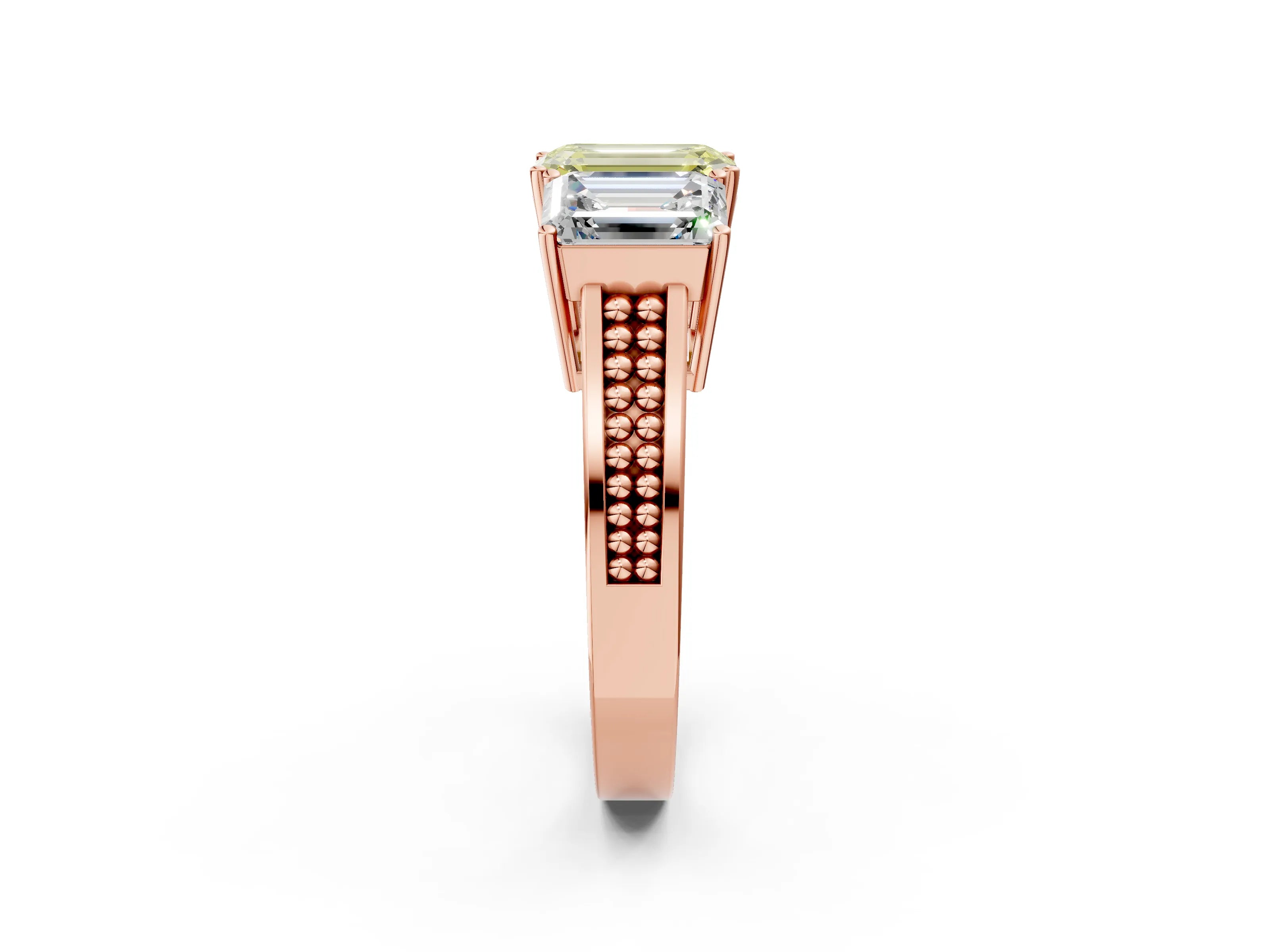 Rose gold Fancy Yellow Emerald Cut Diamond Three-Stone Ring with Prong Setting and Textured Band_2
