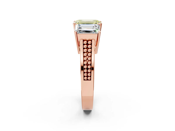 Rose gold Fancy Yellow Emerald Cut Diamond Three-Stone Ring with Prong Setting and Textured Band