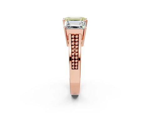 Rose gold Fancy Yellow Emerald Cut Diamond Three-Stone Ring with Prong Setting and Textured Band_2