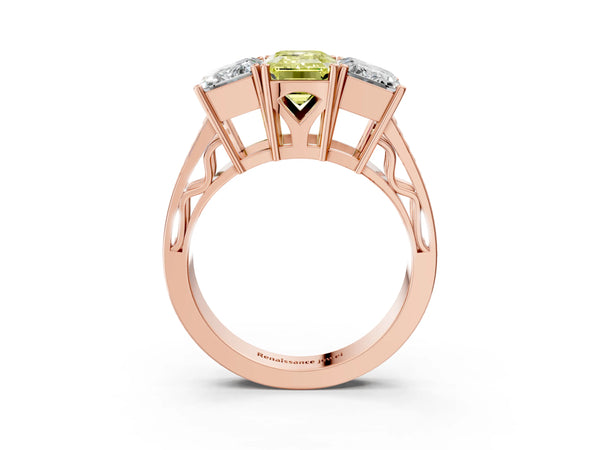 Rose gold Fancy Yellow Emerald Cut Diamond Three-Stone Ring with Prong Setting and Textured Band