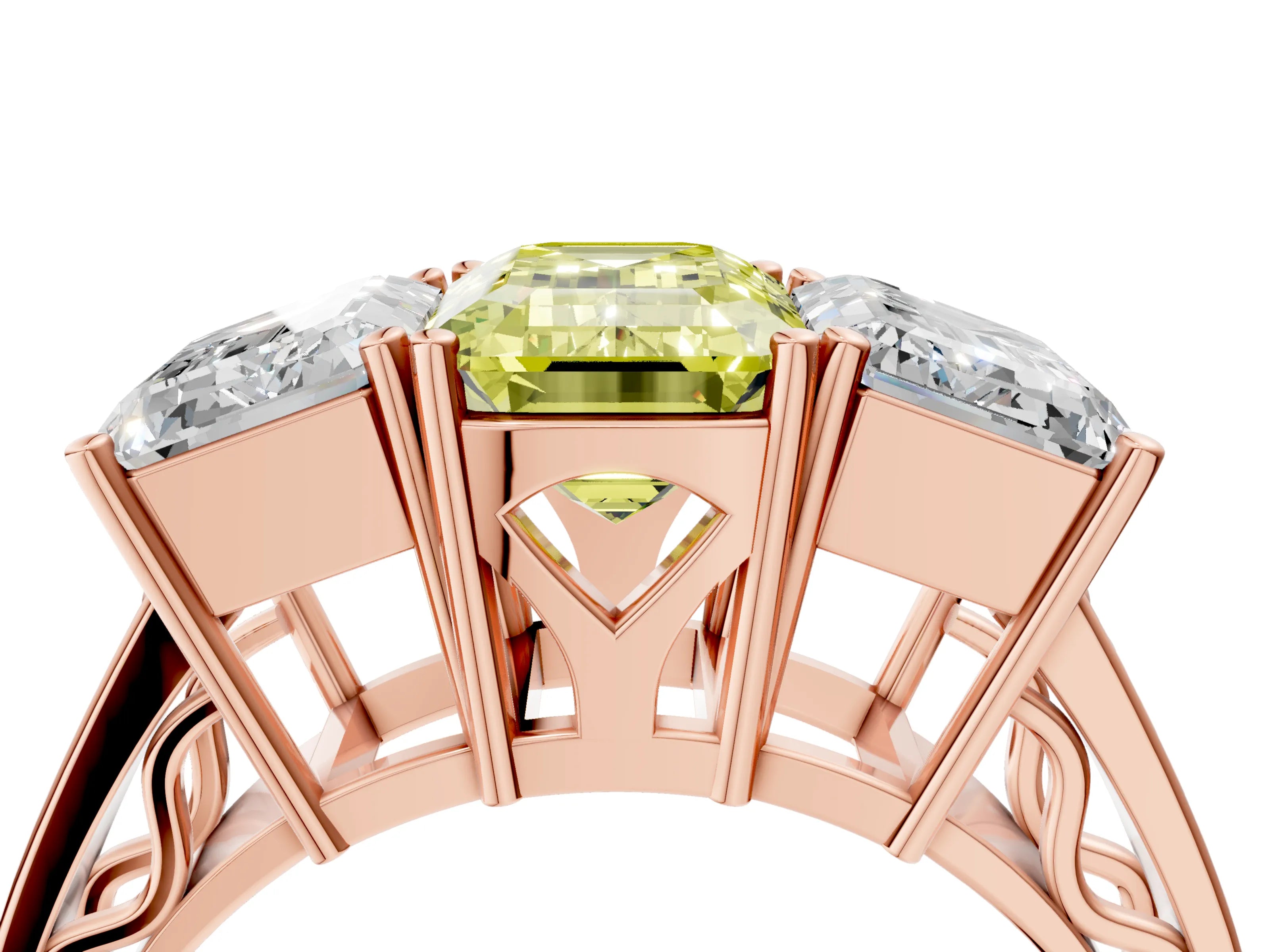 Rose gold Fancy Yellow Emerald Cut Diamond Three-Stone Ring with Prong Setting and Textured Band_4