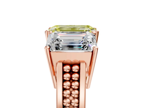 Rose gold Fancy Yellow Emerald Cut Diamond Three-Stone Ring with Prong Setting and Textured Band_5