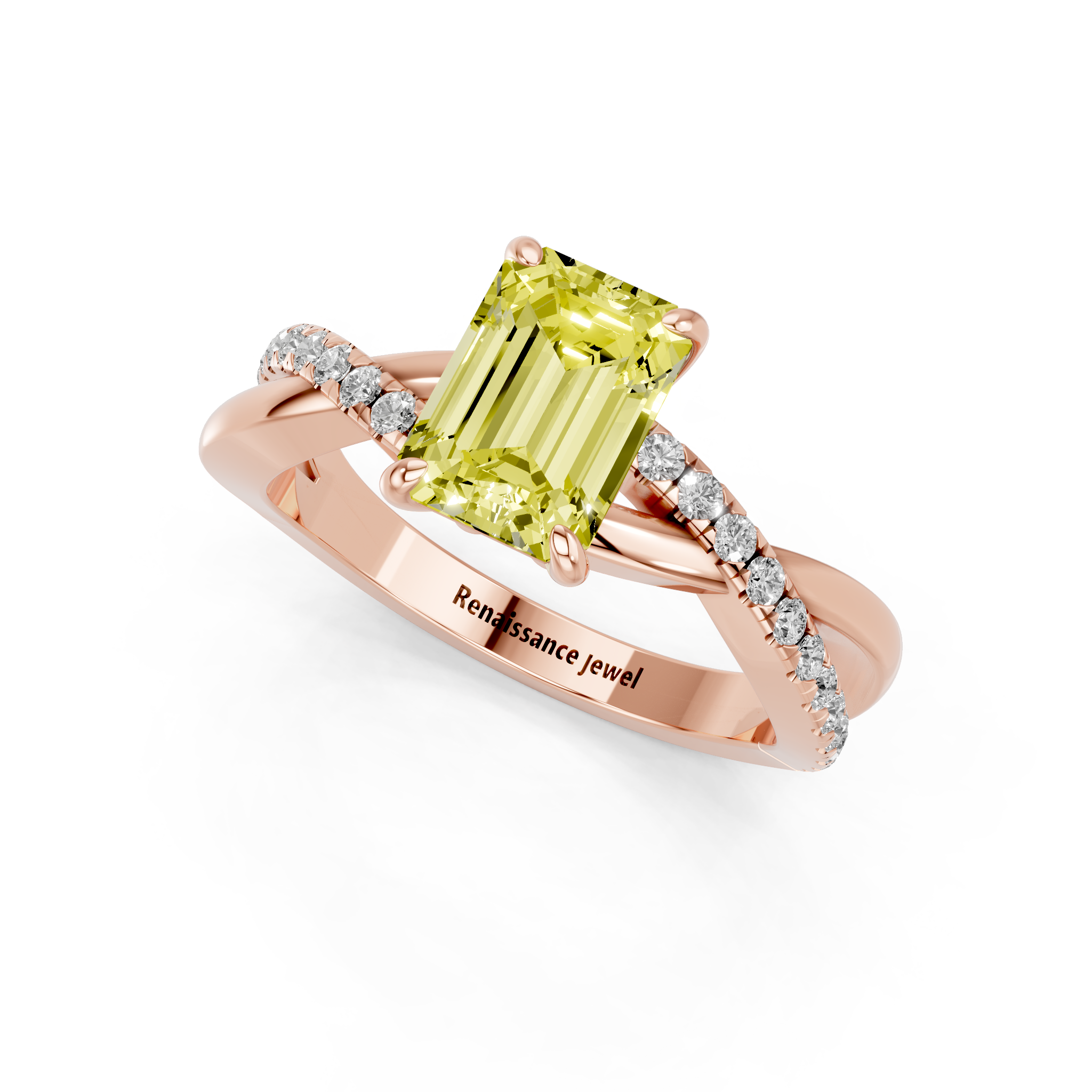 Rose gold Fancy Yellow Emerald  Cut Diamond Twist Band Solitaire with Prong Setting_3