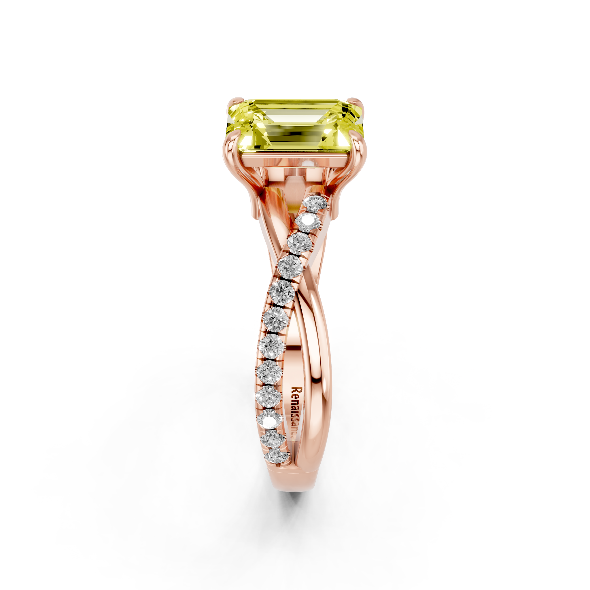 Rose gold Fancy Yellow Emerald  Cut Diamond Twist Band Solitaire with Prong Setting_4