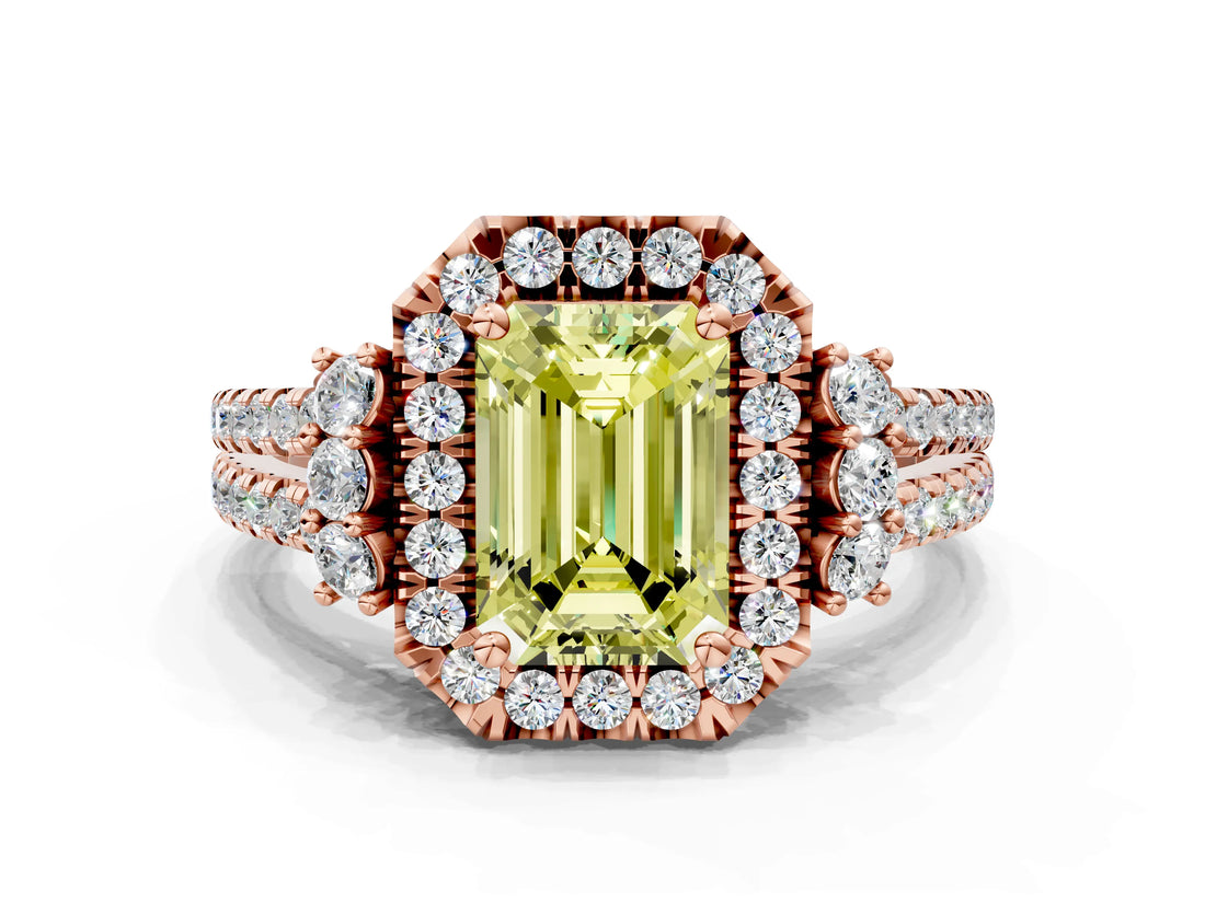 Rose gold Fancy Yellow Emerald  Cut Double Halo Diamond Engagement Ring with Pave Band and Four-Prong Setting_26