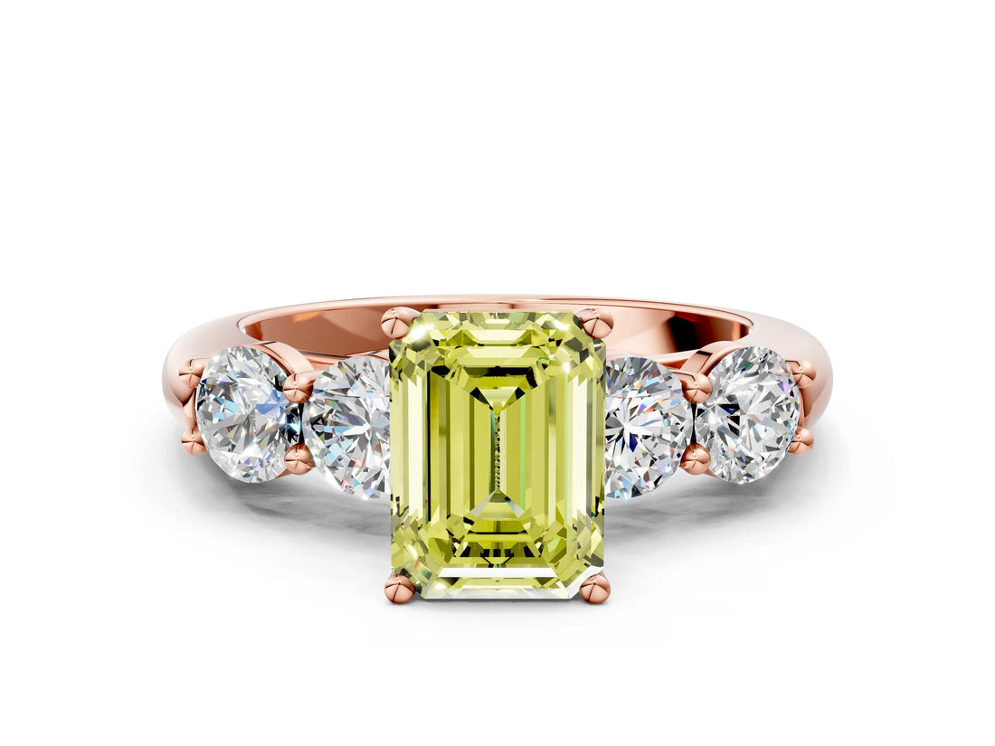 Rose gold Fancy Yellow Emerald  Cut Five-Stone Prong Set Diamond Ring with Classic Band_32