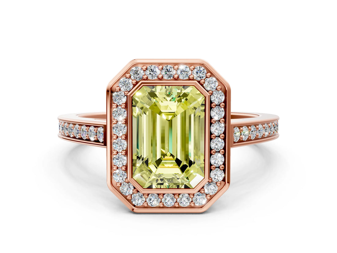 Rose gold Fancy Yellow Emerald Cut Halo Bezel Diamond Pave Band Ring