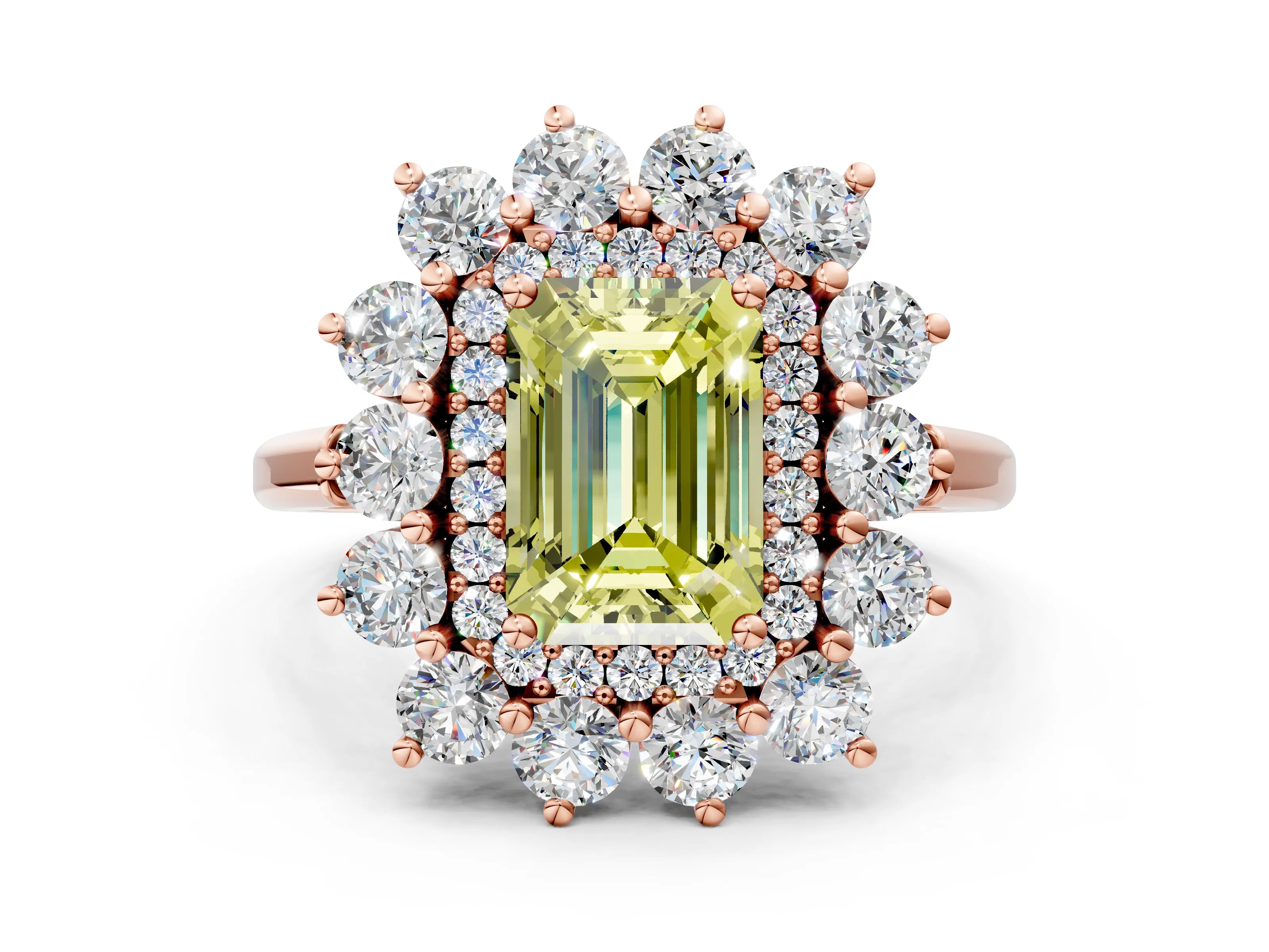 Rose gold Fancy Yellow Emerald Cut Halo Cluster Diamond Ring with Pave Band and Four-Prong Setting