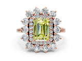 Rose gold Fancy Yellow Emerald Cut Halo Cluster Diamond Ring with Pave Band and Four-Prong Setting
