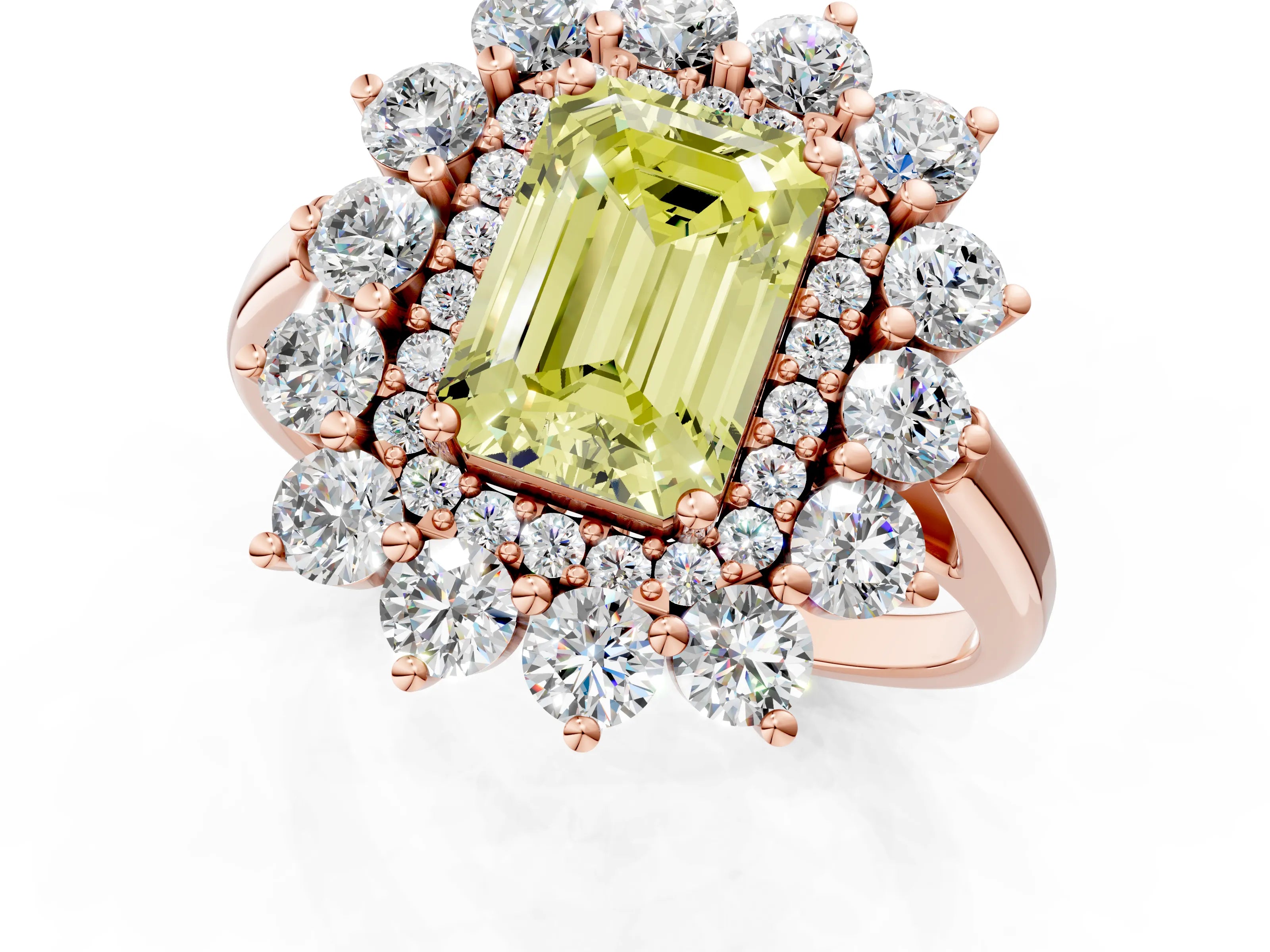 Rose gold Fancy Yellow Emerald Cut Halo Cluster Diamond Ring with Pave Band and Four-Prong Setting_1