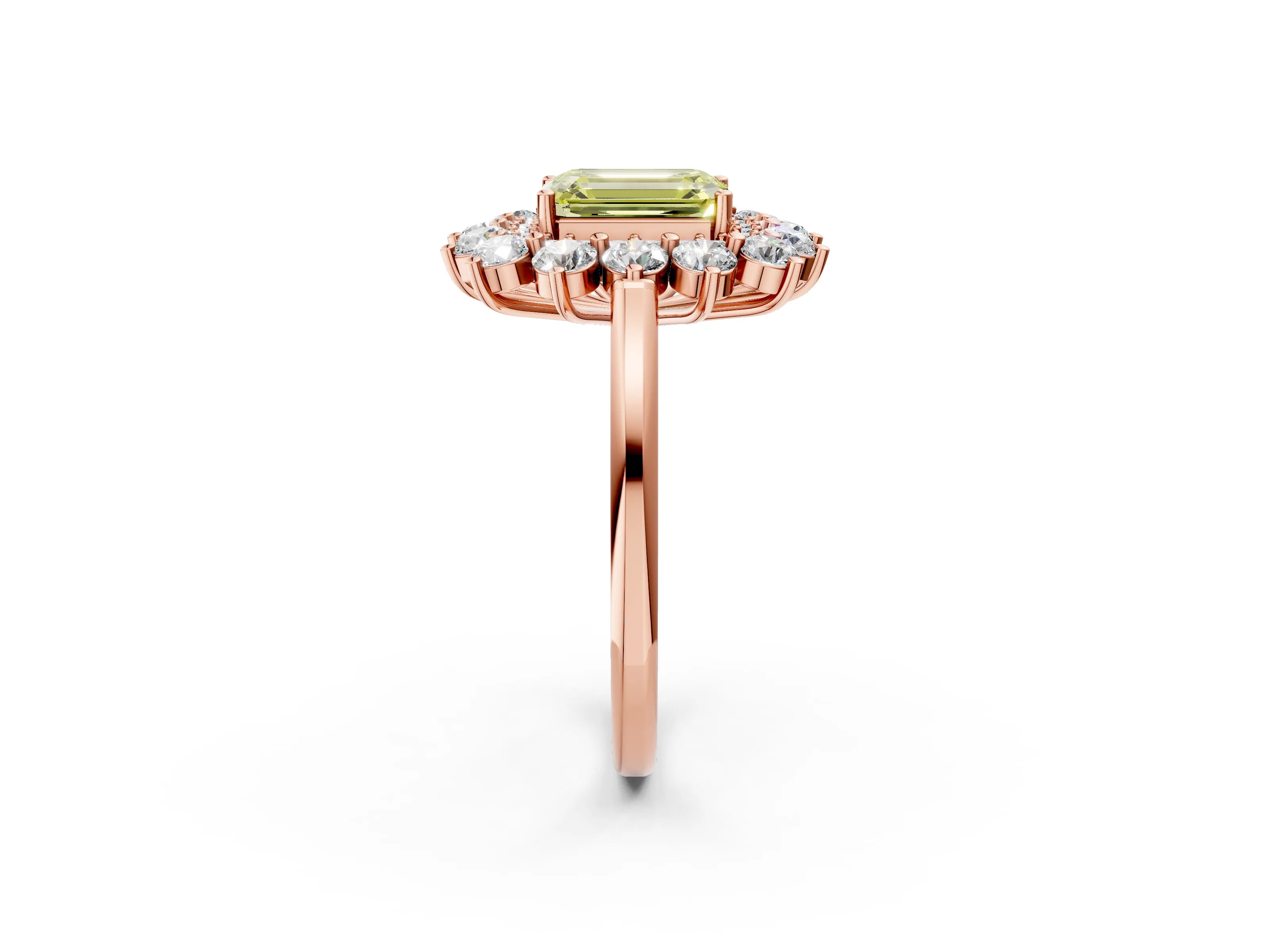 Rose gold Fancy Yellow Emerald Cut Halo Cluster Diamond Ring with Pave Band and Four-Prong Setting_2