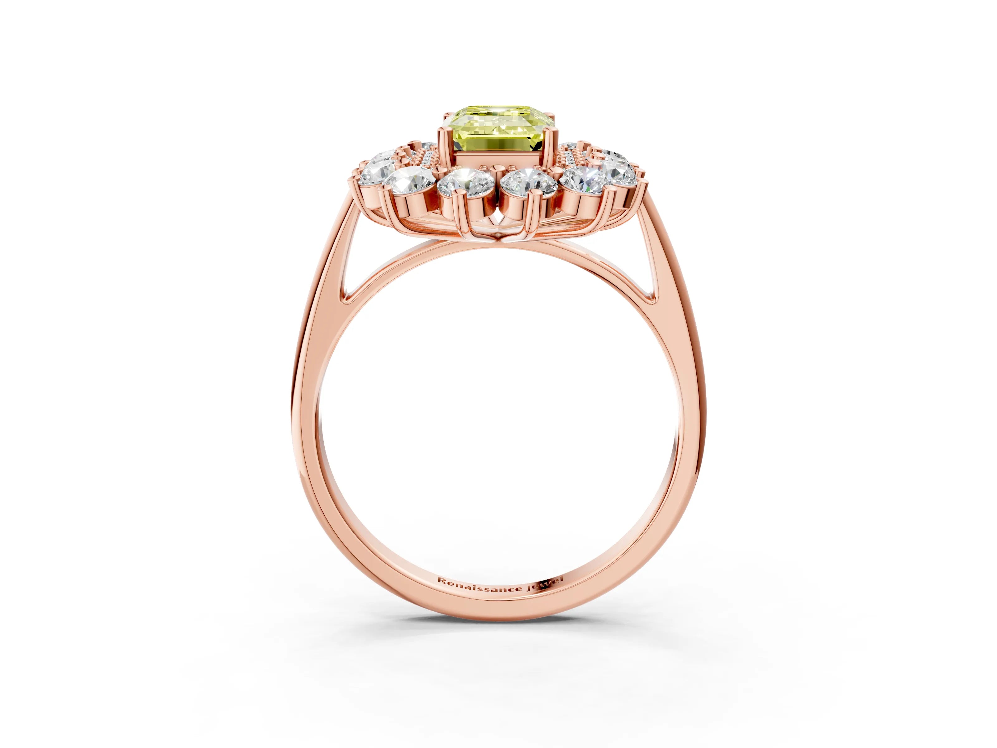 Rose gold Fancy Yellow Emerald Cut Halo Cluster Diamond Ring with Pave Band and Four-Prong Setting_3