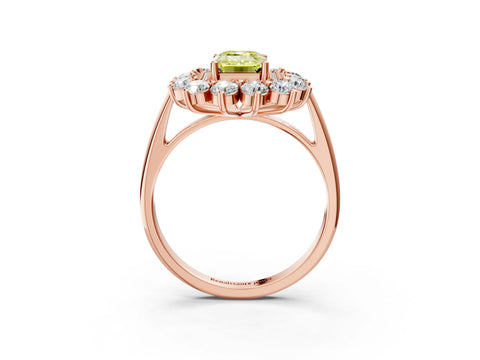 Rose gold Fancy Yellow Emerald Cut Halo Cluster Diamond Ring with Pave Band and Four-Prong Setting_3