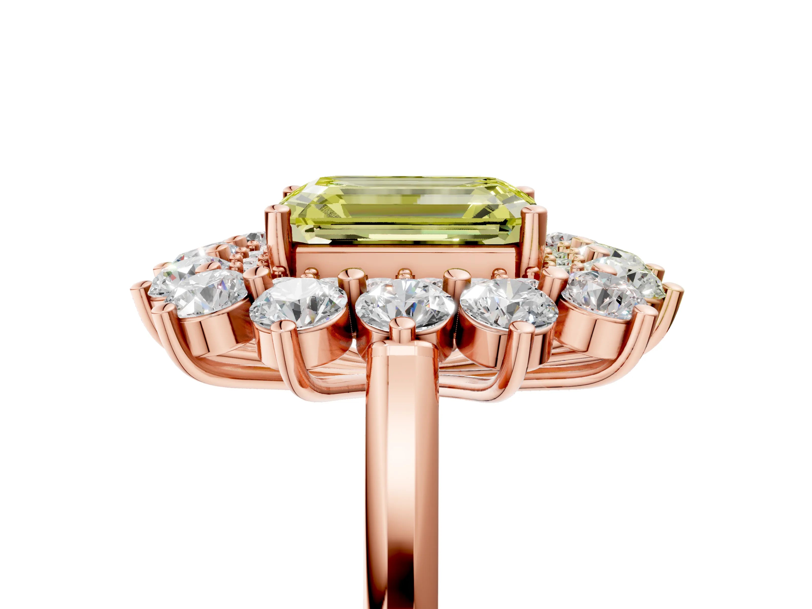 Rose gold Fancy Yellow Emerald Cut Halo Cluster Diamond Ring with Pave Band and Four-Prong Setting_5