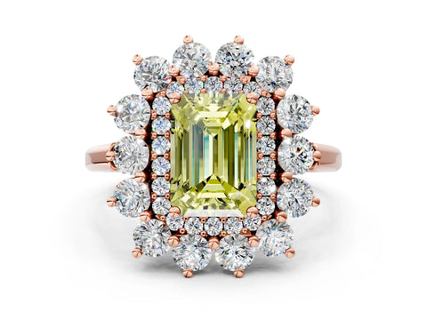 Rose gold Fancy Yellow Emerald Cut Halo Cluster Diamond Ring with Pave Band and Four-Prong Setting