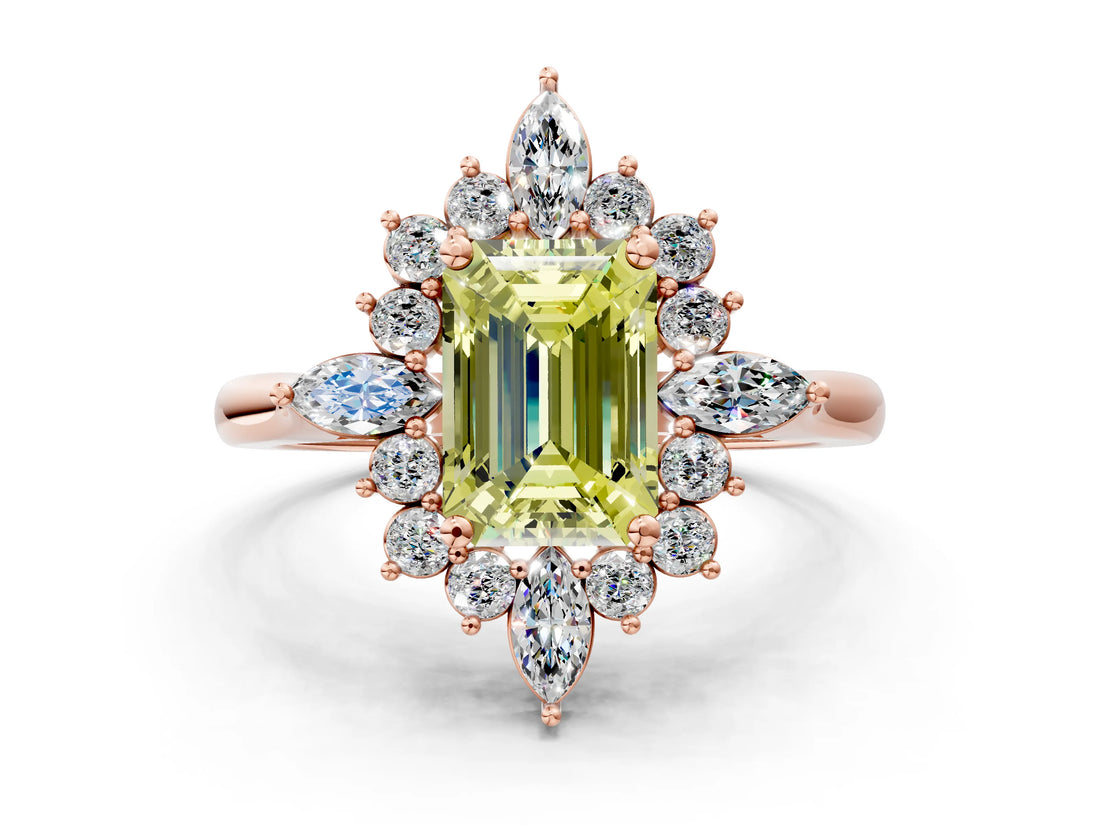 Rose gold Fancy Yellow Emerald Cut Halo Diamond Cluster Ring with Marquise and Round Stones on a White Gold Band with Prong Setting