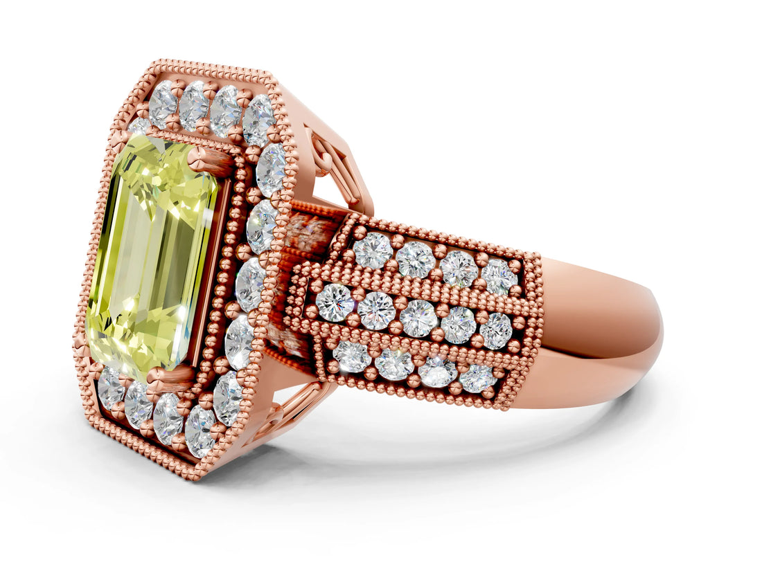 Rose gold Fancy Yellow Emerald Cut Halo Diamond Engagement Ring with Pave Split Shank and Four-Prong Setting