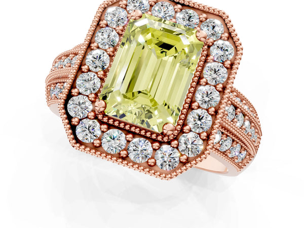 Rose gold Fancy Yellow Emerald Cut Halo Diamond Engagement Ring with Pave Split Shank and Four-Prong Setting
