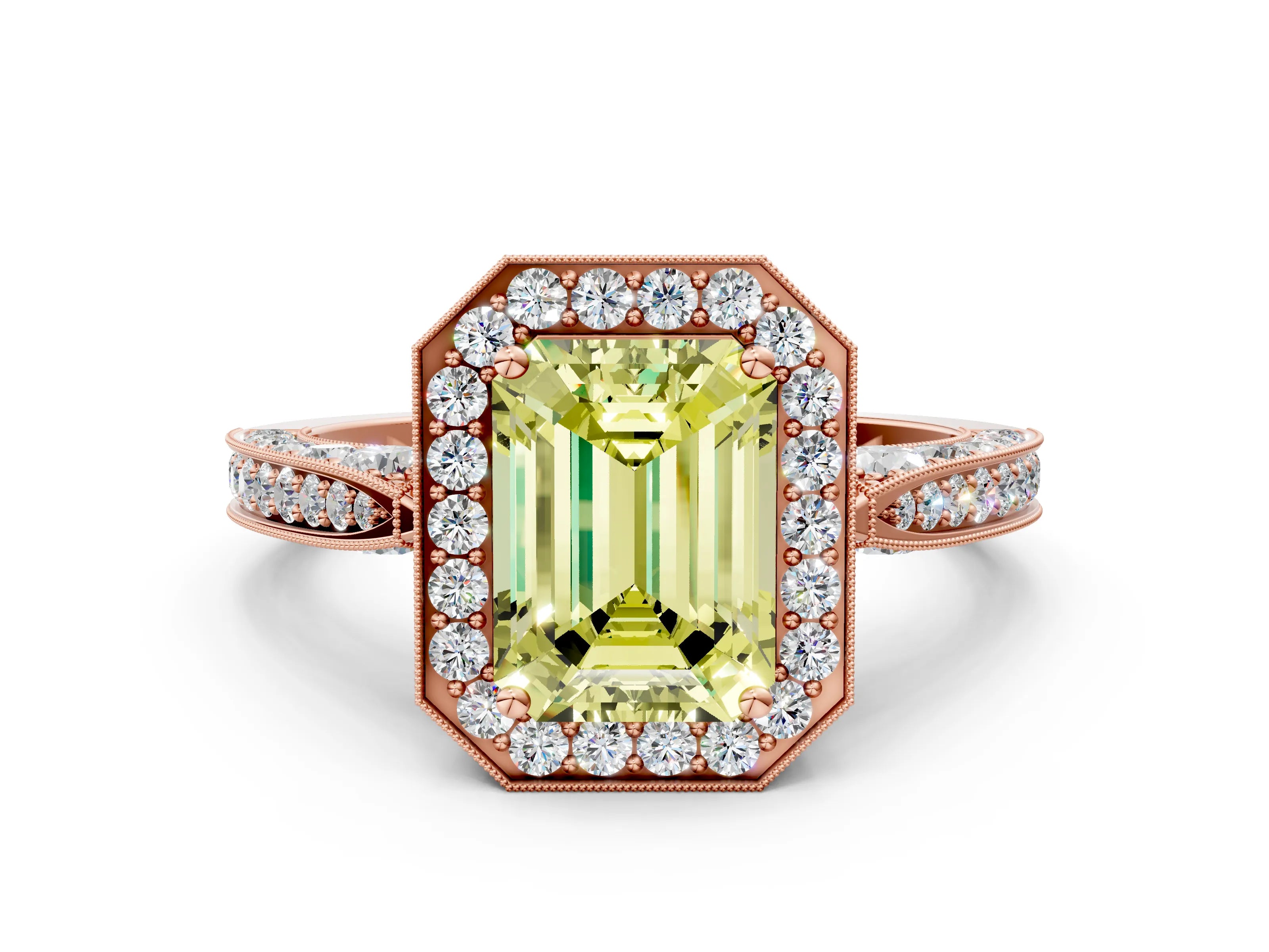 Rose gold Fancy Yellow Emerald Cut Halo Diamond Engagement Ring with Split Shank Band and Four-Prong Setting