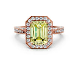 Rose gold Fancy Yellow Emerald Cut Halo Diamond Engagement Ring with Split Shank Band and Four-Prong Setting