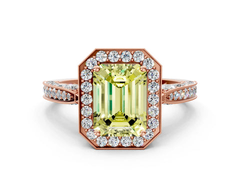Rose gold Fancy Yellow Emerald Cut Halo Diamond Engagement Ring with Split Shank Band and Four-Prong Setting