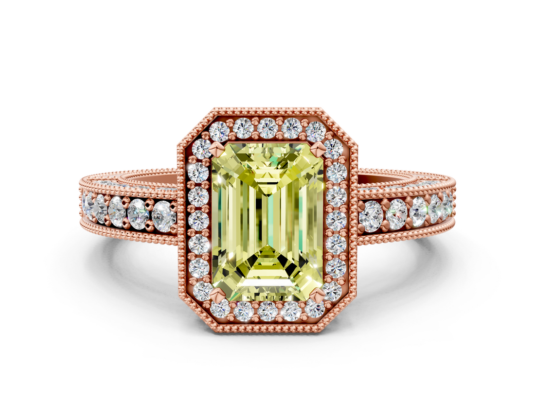 Rose gold Fancy Yellow Emerald  Cut Halo Diamond Pave Band Ring with Four-Prong Setting_45
