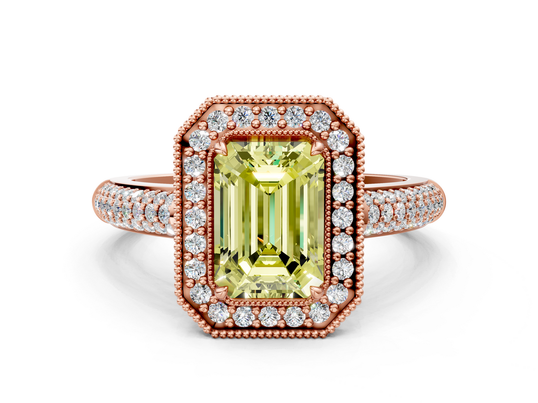 Rose gold Fancy Yellow Emerald  Cut Halo Diamond Pave Band with Four-Prong Setting_39