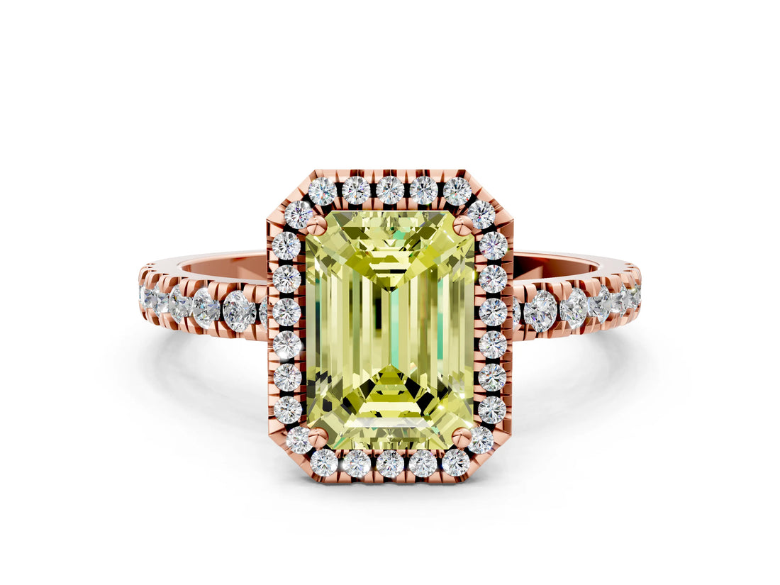 Rose gold Fancy Yellow Emerald Cut Halo Diamond Pave Band with Prong Setting