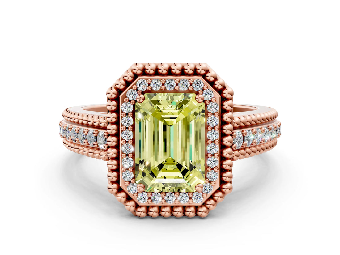Rose gold Fancy Yellow Emerald Cut Halo Diamond Ring with Beaded Split Shank and Four-Prong Setting