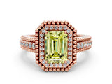 Rose gold Fancy Yellow Emerald Cut Halo Diamond Ring with Beaded Split Shank and Four-Prong Setting