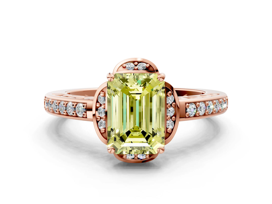 Rose gold Fancy Yellow Emerald  Cut Halo Diamond Ring with Channel Set Band and Four-Prong Setting_32