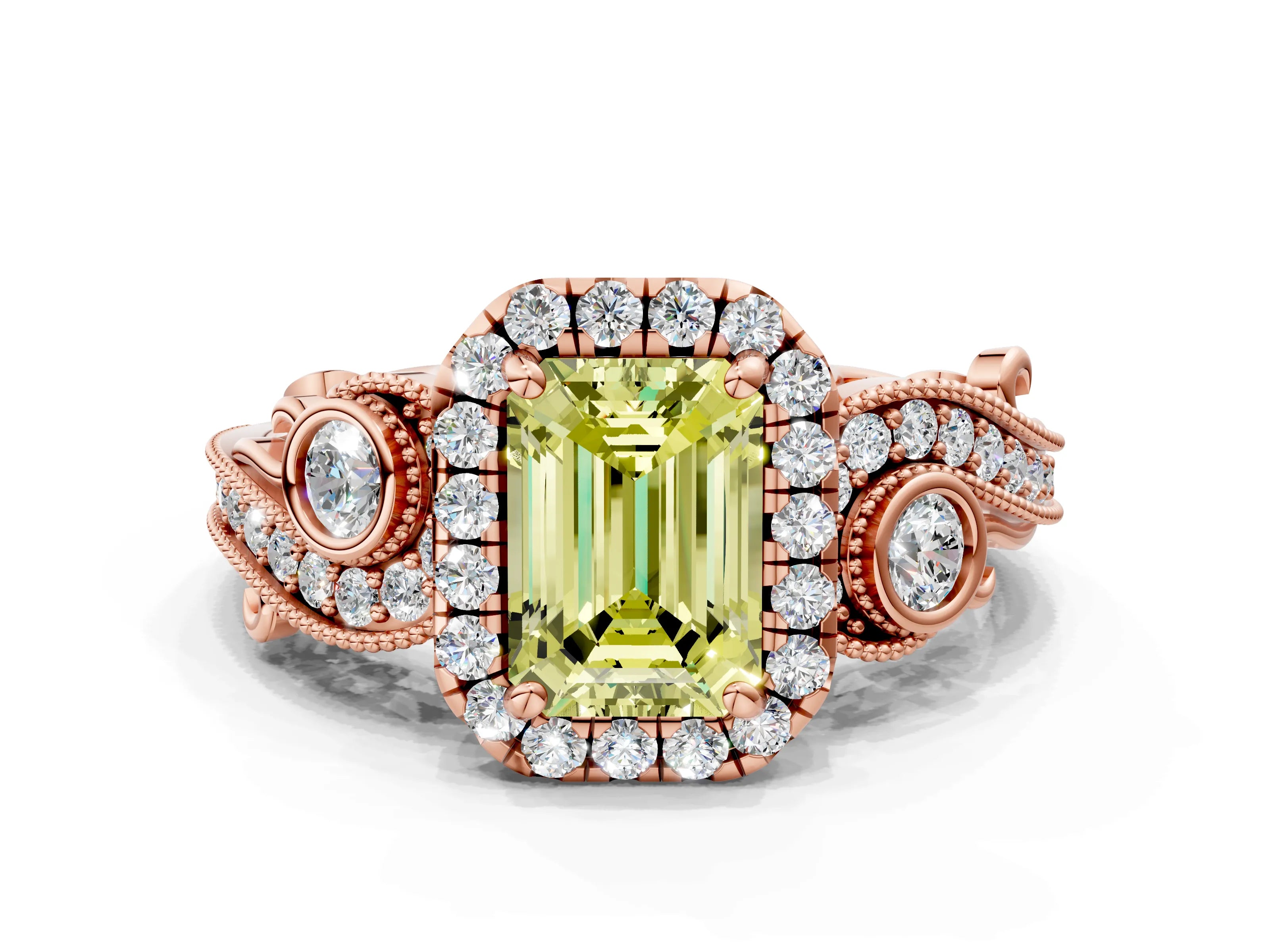 Rose gold Fancy Yellow Emerald Cut Halo Diamond Ring with Milgrain and Bezel Accents on a Split Shank Band