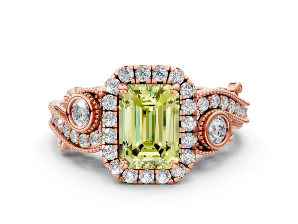 Rose gold Fancy Yellow Emerald Cut Halo Diamond Ring with Milgrain and Bezel Accents on a Split Shank Band