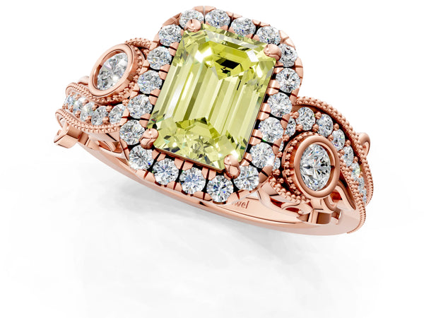Rose gold Fancy Yellow Emerald Cut Halo Diamond Ring with Milgrain and Bezel Accents on a Split Shank Band
