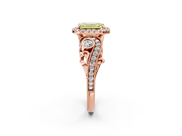 Rose gold Fancy Yellow Emerald Cut Halo Diamond Ring with Milgrain and Bezel Accents on a Split Shank Band