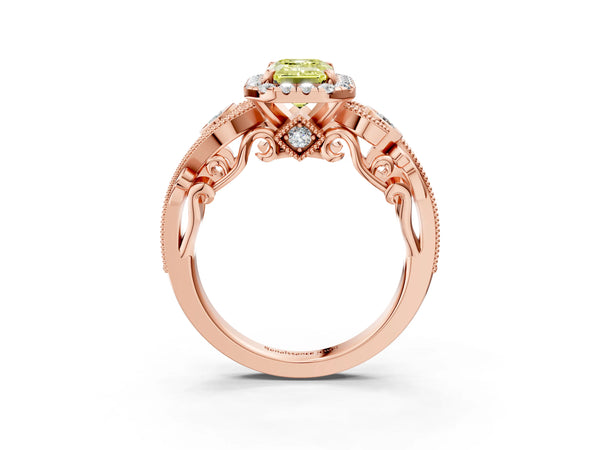 Rose gold Fancy Yellow Emerald Cut Halo Diamond Ring with Milgrain and Bezel Accents on a Split Shank Band